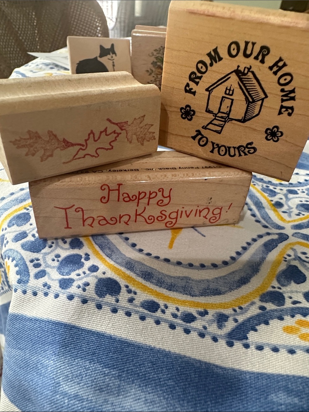Wooden Holiday Rubber Stamp Set - Natural Wood with Red Accents